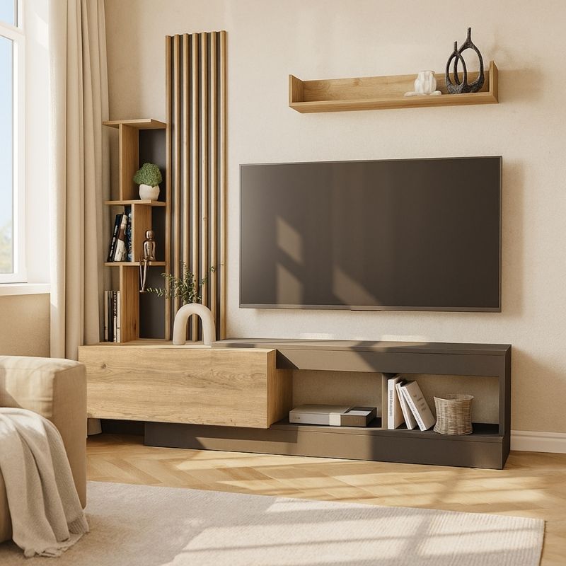 Vermont Megapap melamine tv unit in anthracite - sepet oak color 180x40x193.8cm.