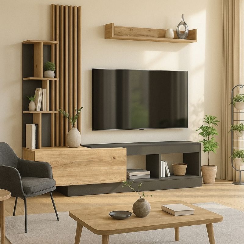 Vermont Megapap melamine tv unit in anthracite - sepet oak color 180x40x193.8cm.
