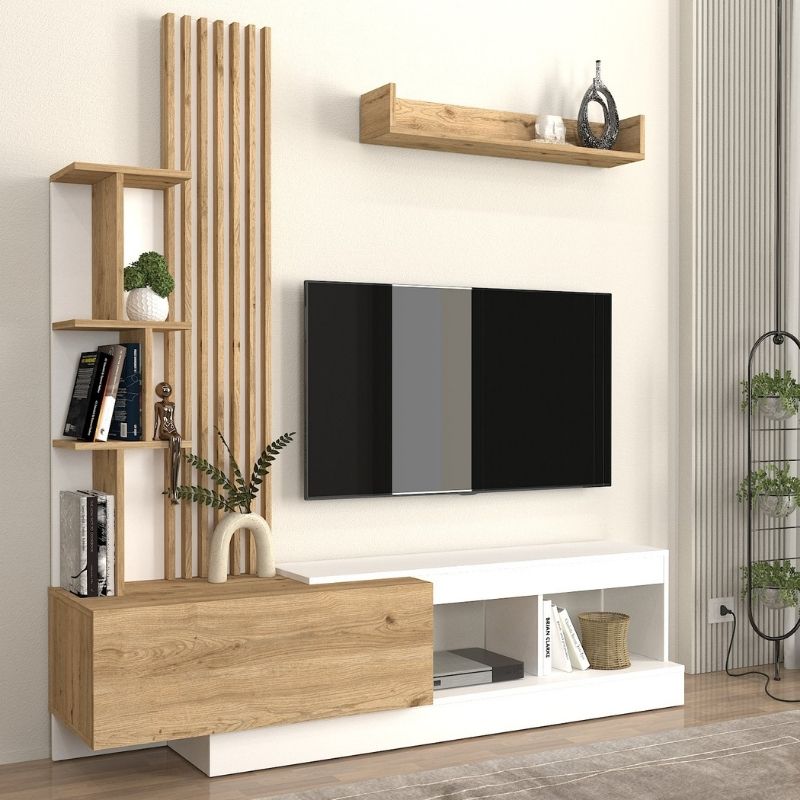 Vermont Megapap melamine tv unit in white - sepet oak color 180x40x193.8cm.