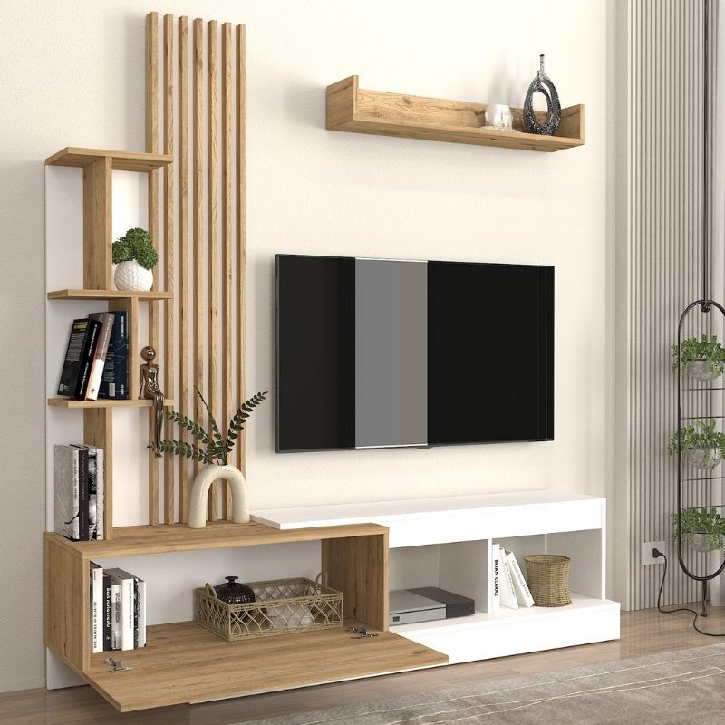 Vermont Megapap melamine tv unit in white - sepet oak color 180x40x193.8cm.