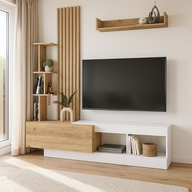 Vermont Megapap melamine tv unit in white - sepet oak color 180x40x193.8cm.