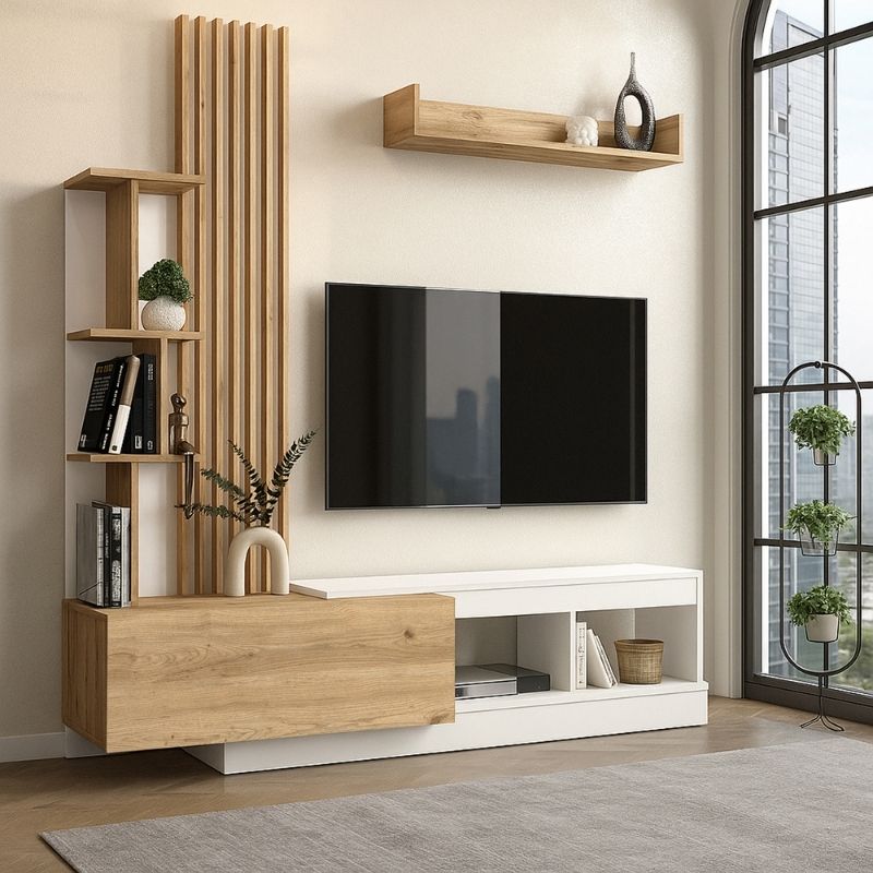 Vermont Megapap melamine tv unit in white - sepet oak color 180x40x193.8cm.