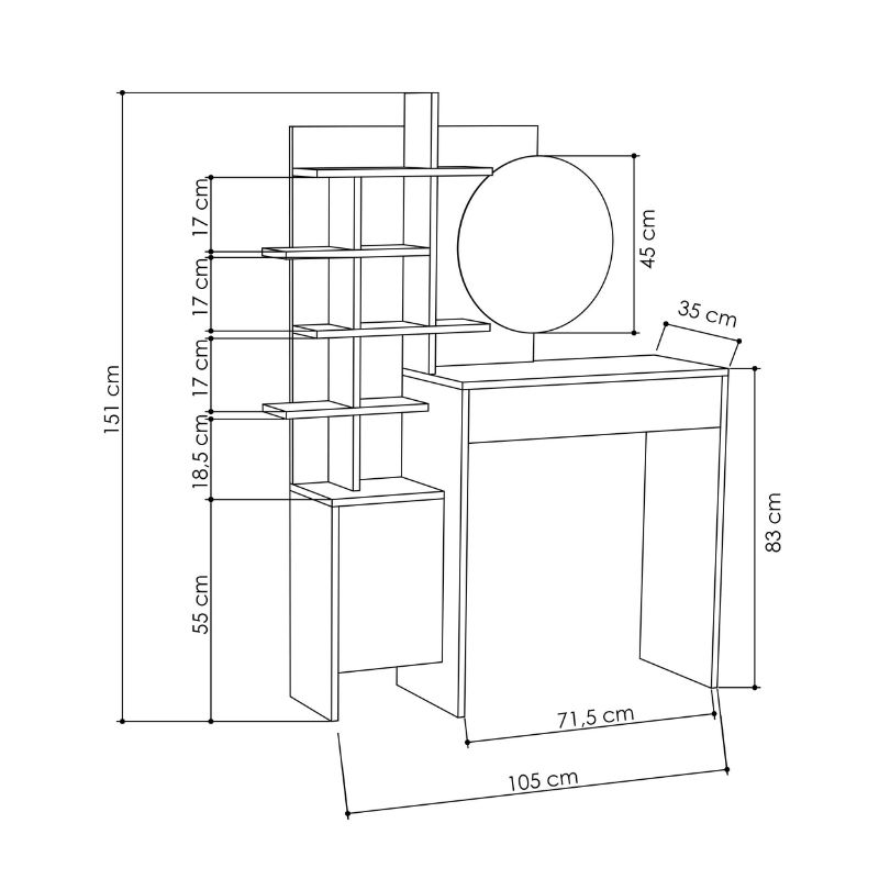 Mup Megapap melamine dressing table in white color 105x35x151cm.