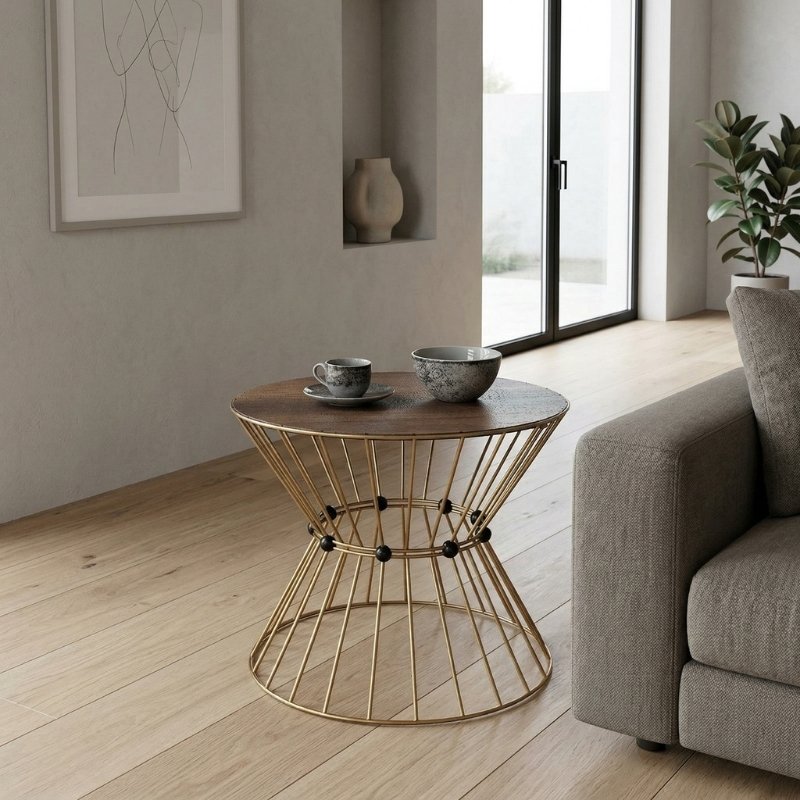 Girene Megapap metal - MDF coffee table in gold - walnut Ø55x42cm.