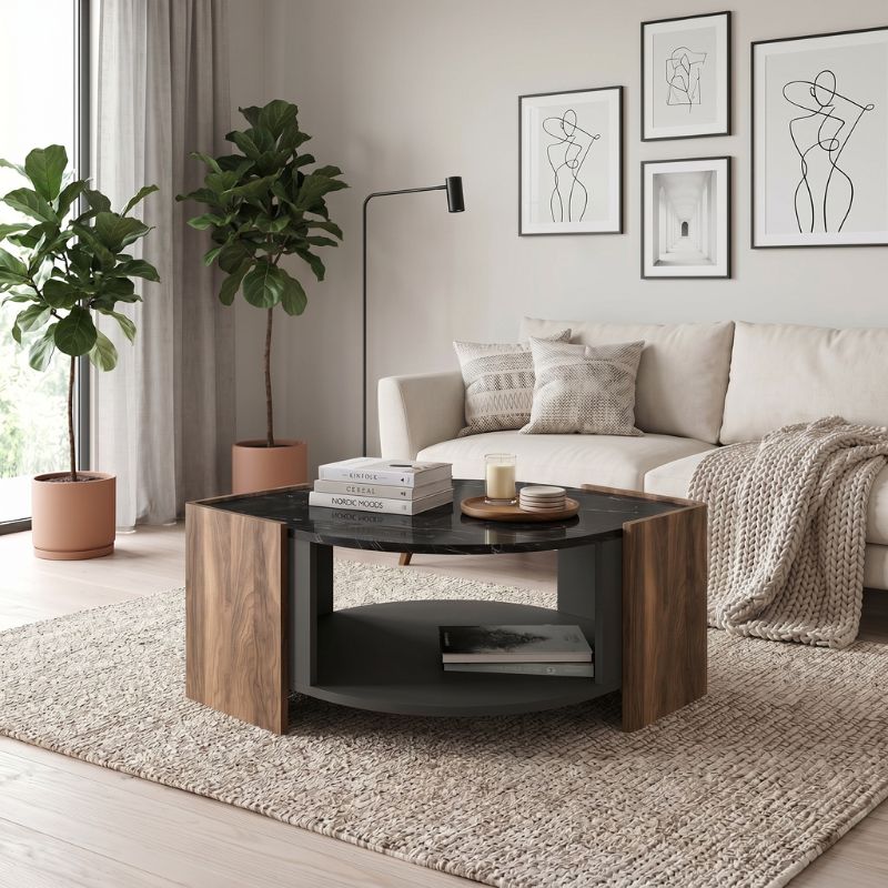 Marbel Megapap melamine coffee table in walnut - black marble effect color 75x75x40cm.