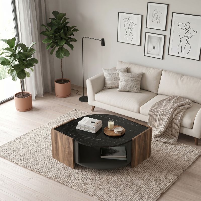 Marbel Megapap melamine coffee table in walnut - black marble effect color 75x75x40cm.