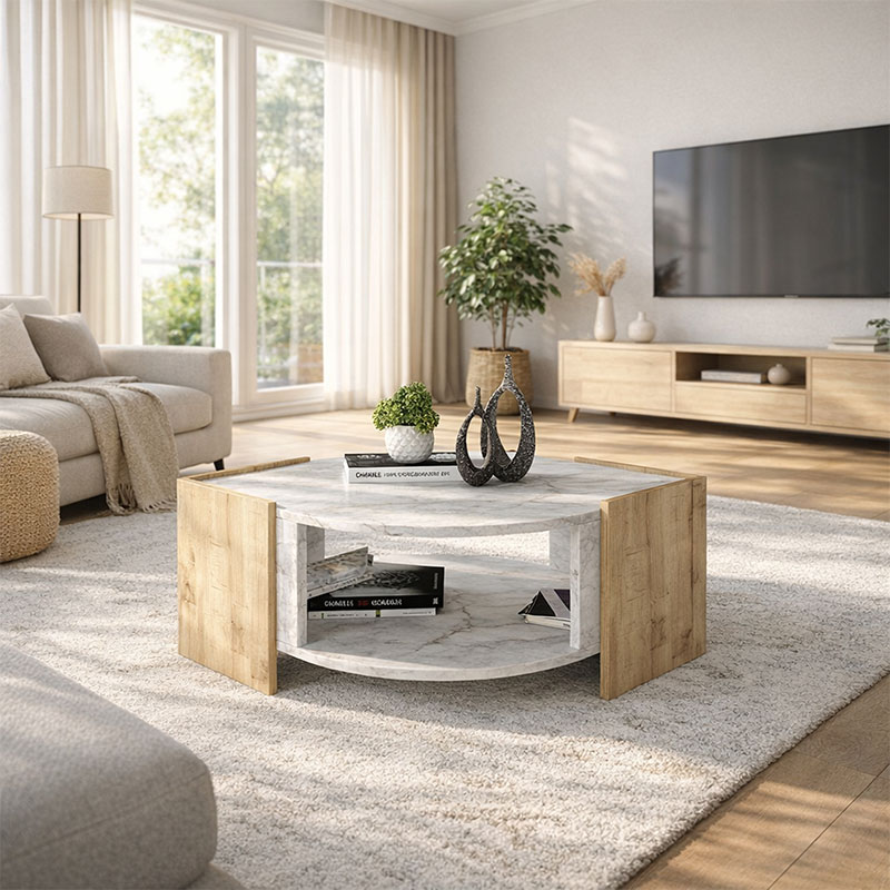 Marbel Megapap melamine coffee table in sapphire oak - white marble effect color 75x75x40cm.