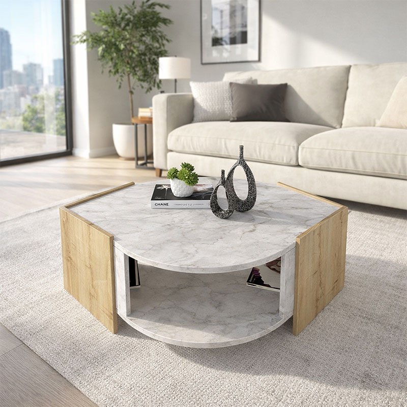 Marbel Megapap melamine coffee table in sapphire oak - white marble effect color 75x75x40cm.