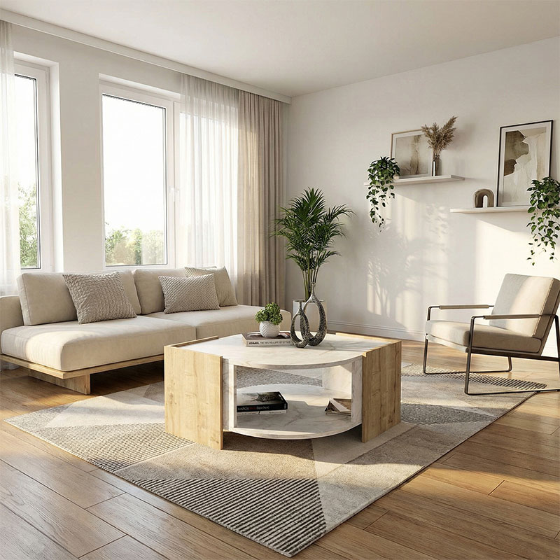 Marbel Megapap melamine coffee table in sapphire oak - white marble effect color 75x75x40cm.