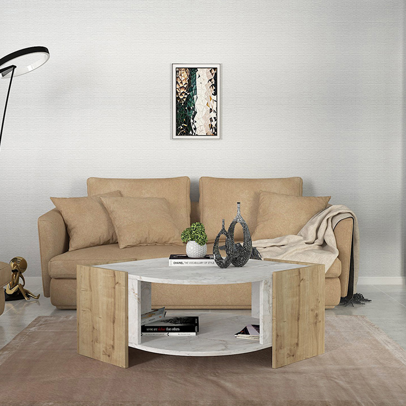 Marbel Megapap melamine coffee table in sapphire oak - white marble effect color 75x75x40cm.