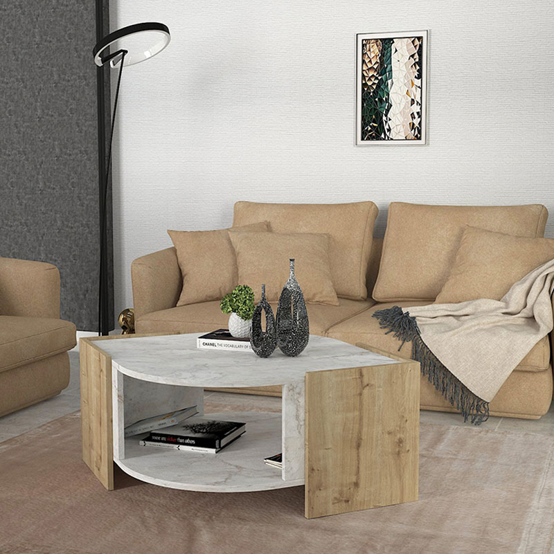 Marbel Megapap melamine coffee table in sapphire oak - white marble effect color 75x75x40cm.