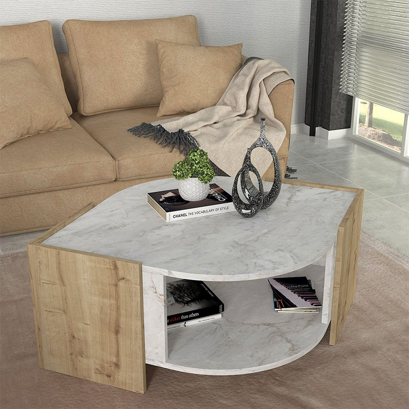 Marbel Megapap melamine coffee table in sapphire oak - white marble effect color 75x75x40cm.