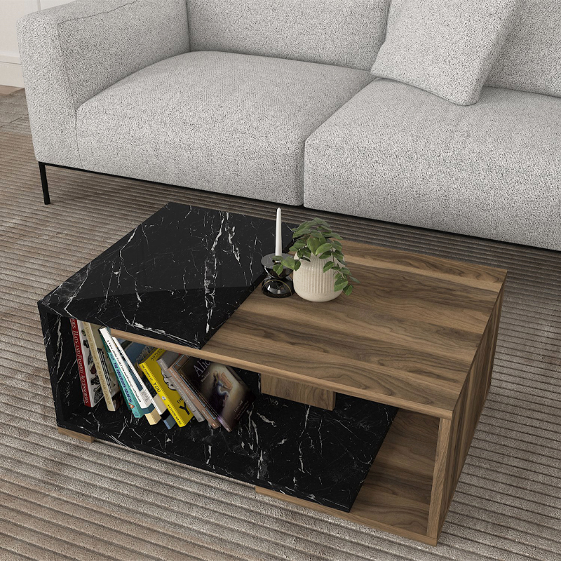 Mareta Megapap melamine coffee table in black marble - walnut color 81,8x50x35cm.