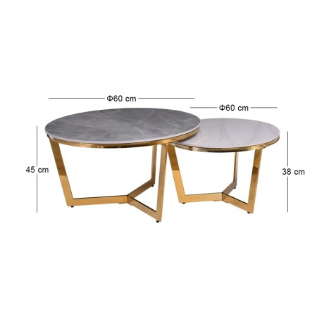 Τραπεζάκι σαλονιού Otto σετ 2 τμχ sintered stone χρώμα χρυσό - λευκό - γκρι εφέ μαρμάρου Φ80x45εκ.
