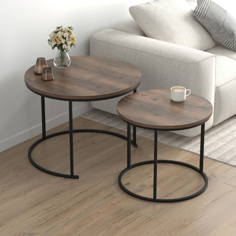 Hilal Megapap melamine - metal coffee table in smoked walnut color Ø66x49,5cm.