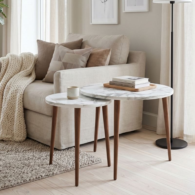 Nola Megapap melamine coffee table 2 pieces in white marble effect color Ø60x46cm.