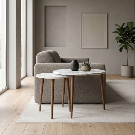 Nola Megapap melamine coffee table 2 pieces in white marble effect color Ø60x46cm.
