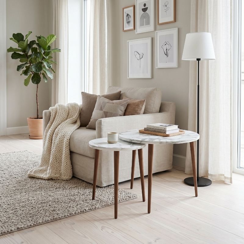 Nola Megapap melamine coffee table 2 pieces in white marble effect color Ø60x46cm.