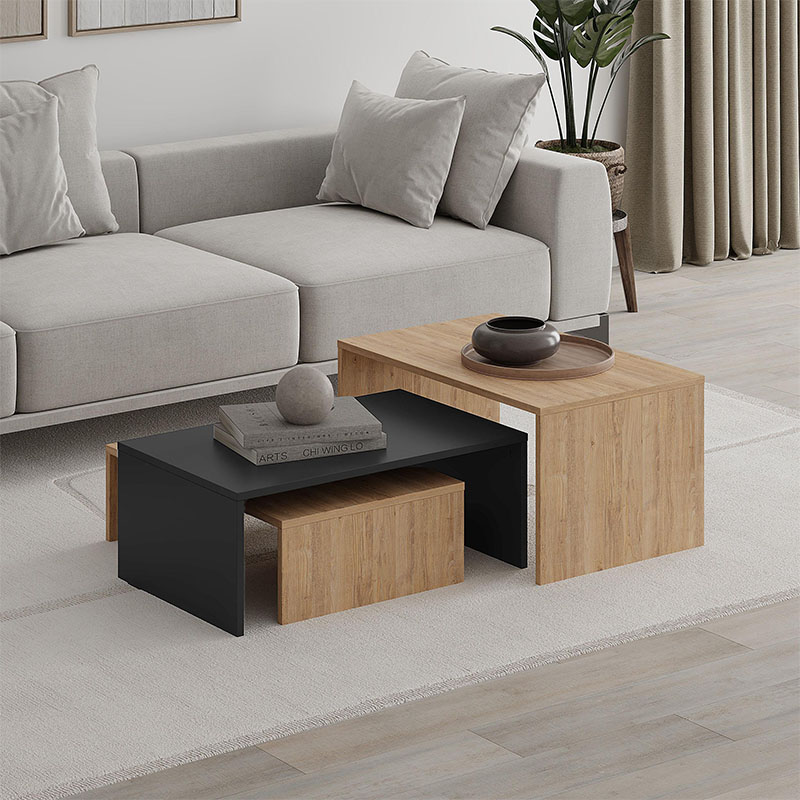 Kanta Megapap set of 3 pcs coffee table in sapphire oak - silky black color 80x50x40.5cm.