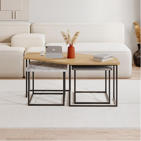 Τραπεζάκι σαλονιού σετ 3 τμχ. Nesty Megapap χρώμα saphhire oak - γκρι ρετρό - λευκό εφέ μαρμάρου 110x60x48εκ.