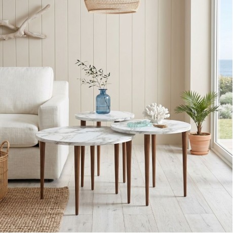 Nola Megapap melamine coffee table 3 pieces in white marble effect color Ø60x46cm.