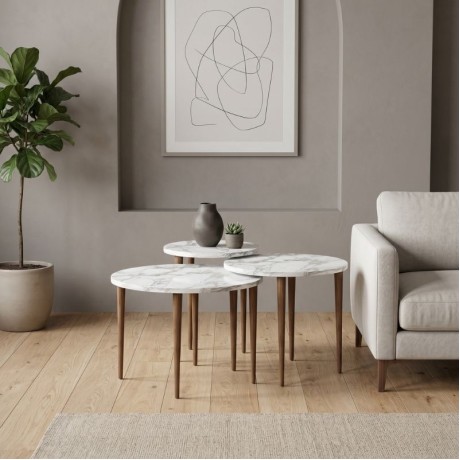 Nola Megapap melamine coffee table 3 pieces in white marble effect color Ø60x46cm.