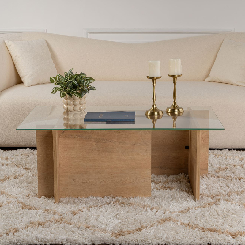 Vetrino Megapap melamine - tempered glass coffee table in honey oak color 105x65x40cm.