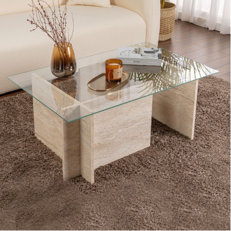 Vetrino Megapap melamine - tempered glass coffee table in travertine color 105x65x40cm.