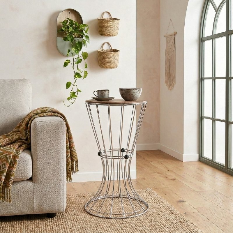 Girene Megapap metallic - Mdf side table in silver - black color 32x32x58cm.