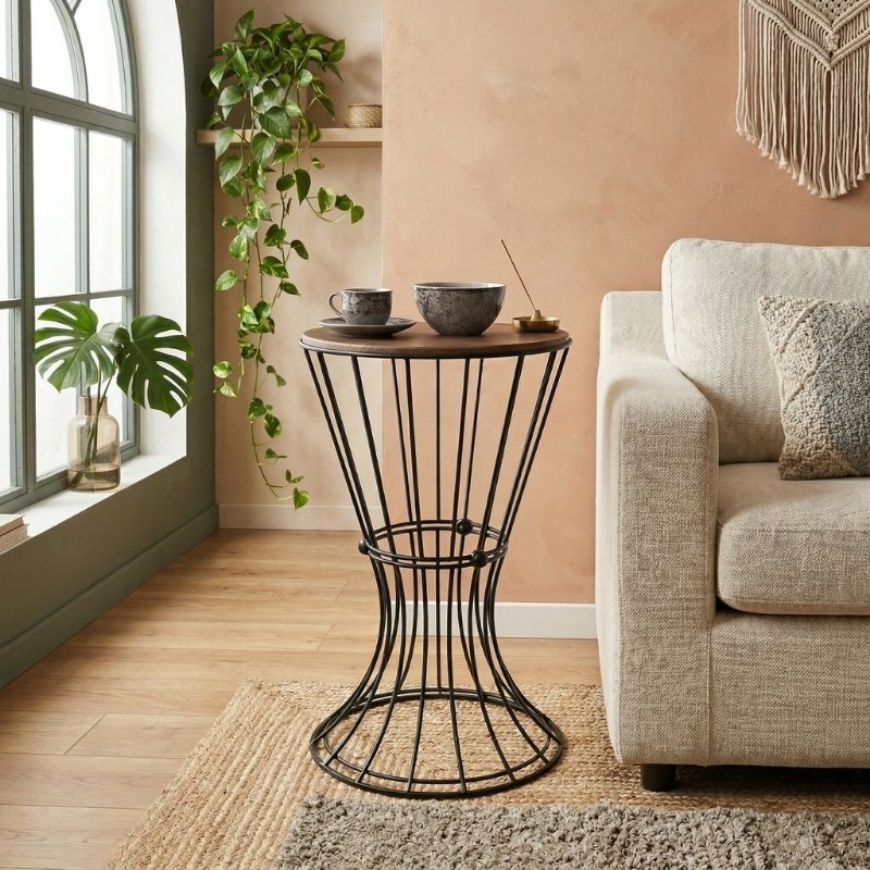 Girene Megapap metallic - Mdf side table in walnut - black color 32x32x58cm.