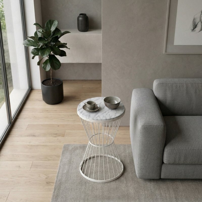 Hoffman Megapap metallic - Mdf side table in white - white marble effect color 35x35x58cm.