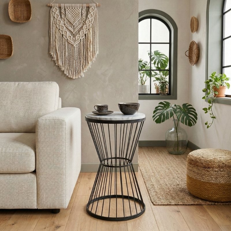 Hoffman Megapap metallic - Mdf side table in black - white marble effect color 35x35x58cm.