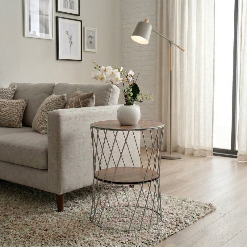 Jaspin Megapap metallic - Mdf side table in silver - walnut color 32x32x44cm.