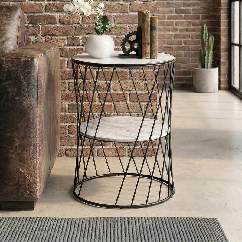 Jaspin Megapap metallic - Mdf side table in black - white marble effect color 32x32x44cm.