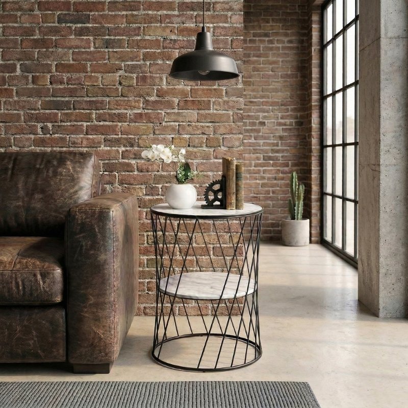 Jaspin Megapap metallic - Mdf side table in black - white marble effect color 32x32x44cm.