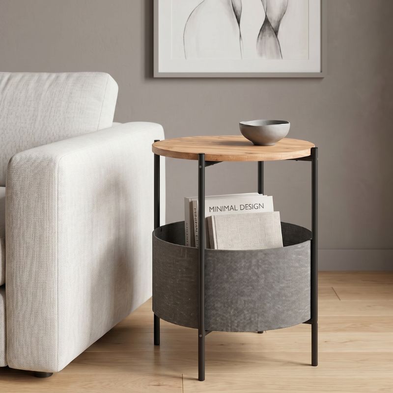 Kalid Megapap melamine- fabric side table in pine oak - grey color 43x43x60cm.