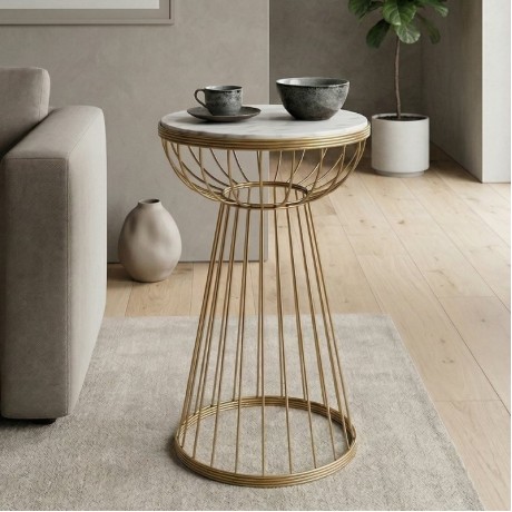 Mantare Megapap metallic - Mdf side table in gold - white marble effect color 35x35x58cm.