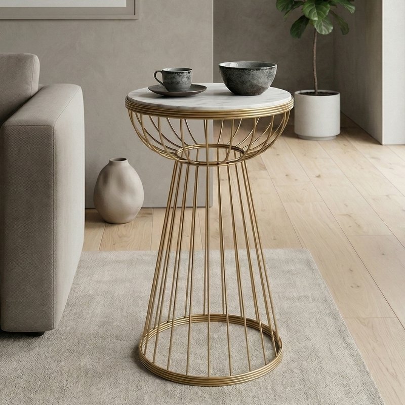 Mantare Megapap metallic - Mdf side table in gold - white marble effect color 35x35x58cm.