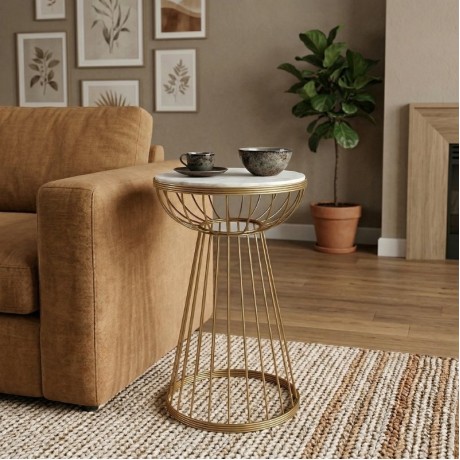 Mantare Megapap metallic - Mdf side table in gold - white marble effect color 35x35x58cm.