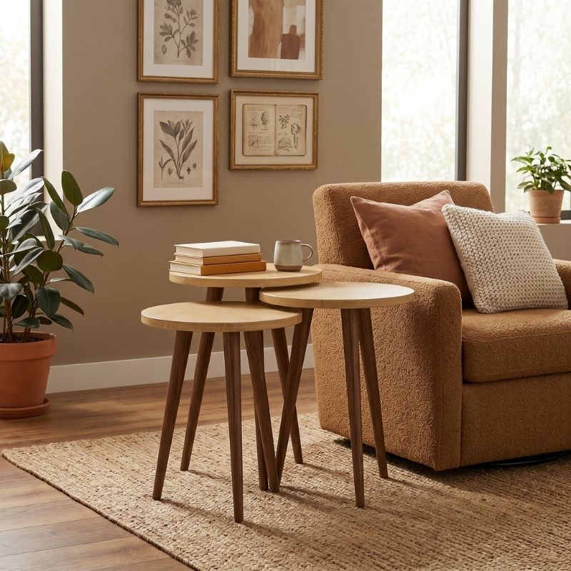 Cruz Megapap melamine side table 3 pieces in sapphire oak color Ø33x46cm.