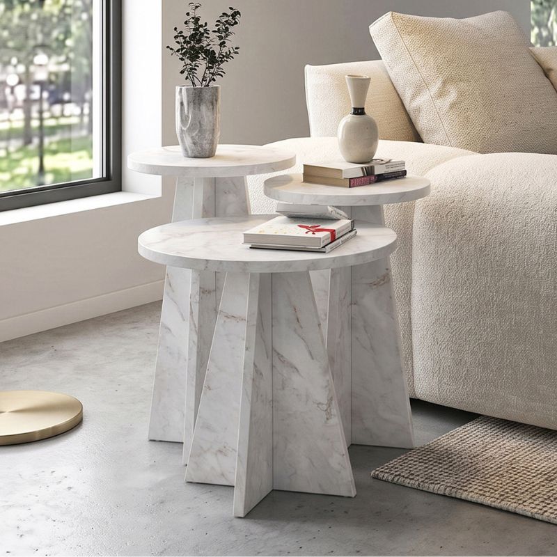 Podel Megapap melamine side table 3 pieces in white marble effect color Ø29,6x52,1cm.