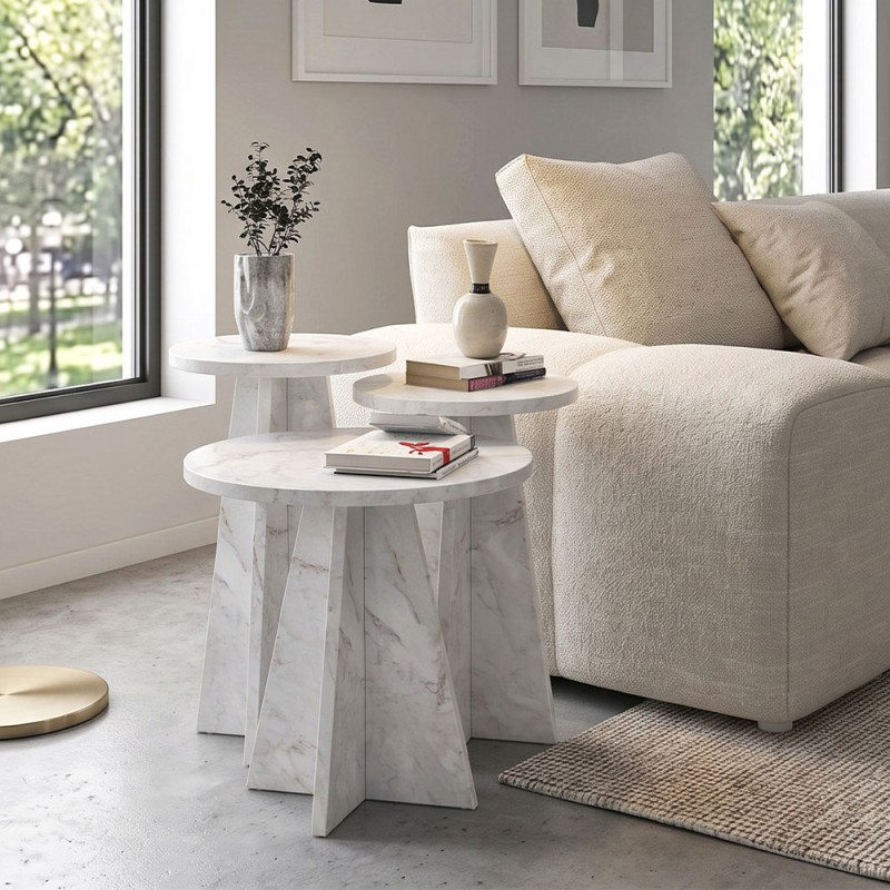 Podel Megapap melamine side table 3 pieces in white marble effect color Ø29,6x52,1cm.