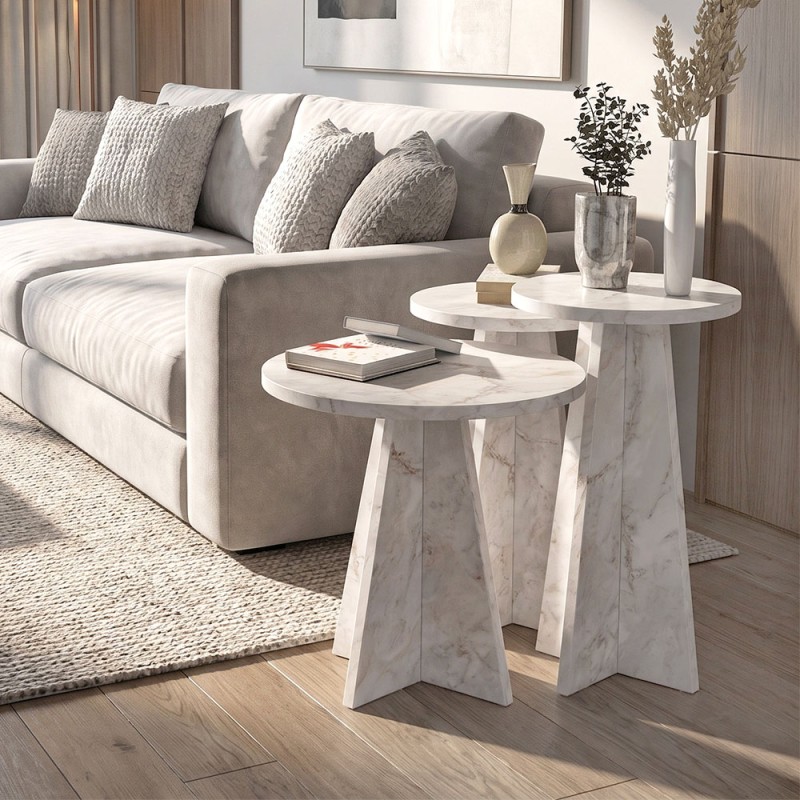 Podel Megapap melamine side table 3 pieces in white marble effect color Ø29,6x52,1cm.