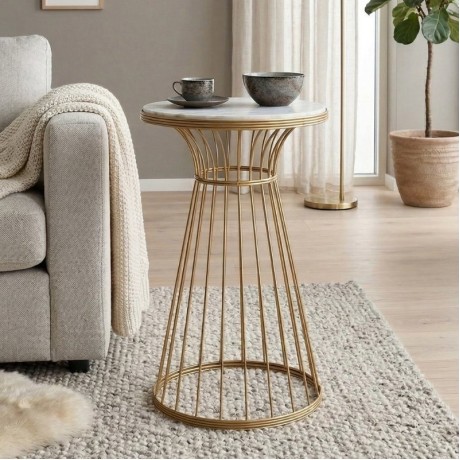 Tekosi Megapap metallic - Mdf side table in gold - white marble effect color 35x35x58cm.