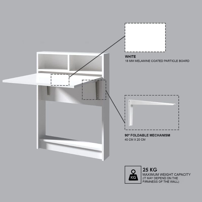 Bracke Megapap melamine wall mounded folding table in white color 70x15x96cm.