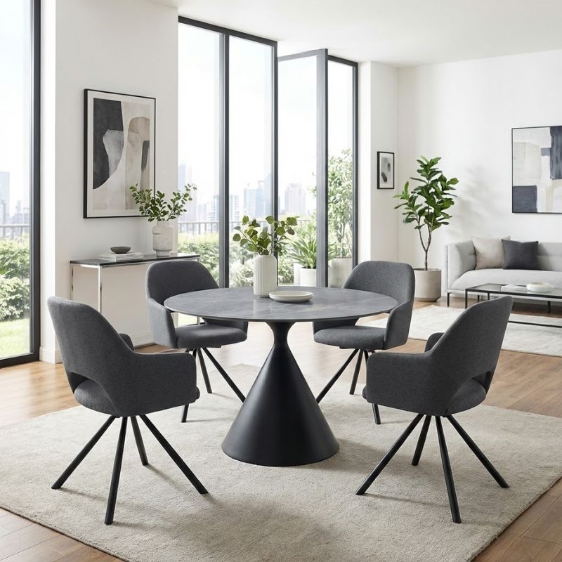 Logan Megapap sintered stone - metal table in grey marble effect and black color Ø120x72cm.