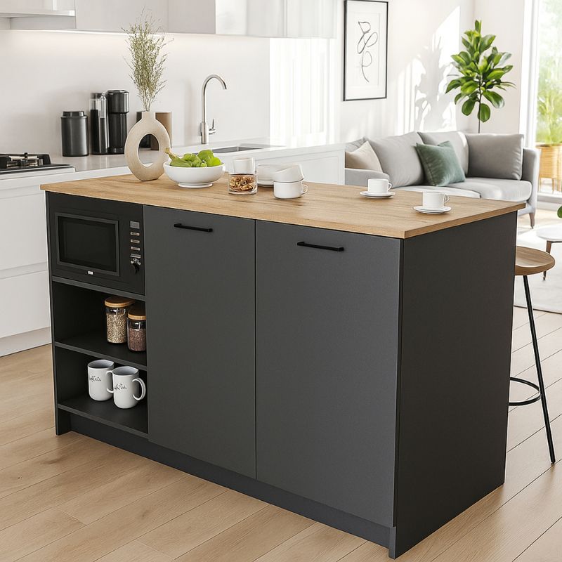 Peres Megapap melamine island kitchen cabinet in anthracite - sepet oak color 150x70x91.8cm.