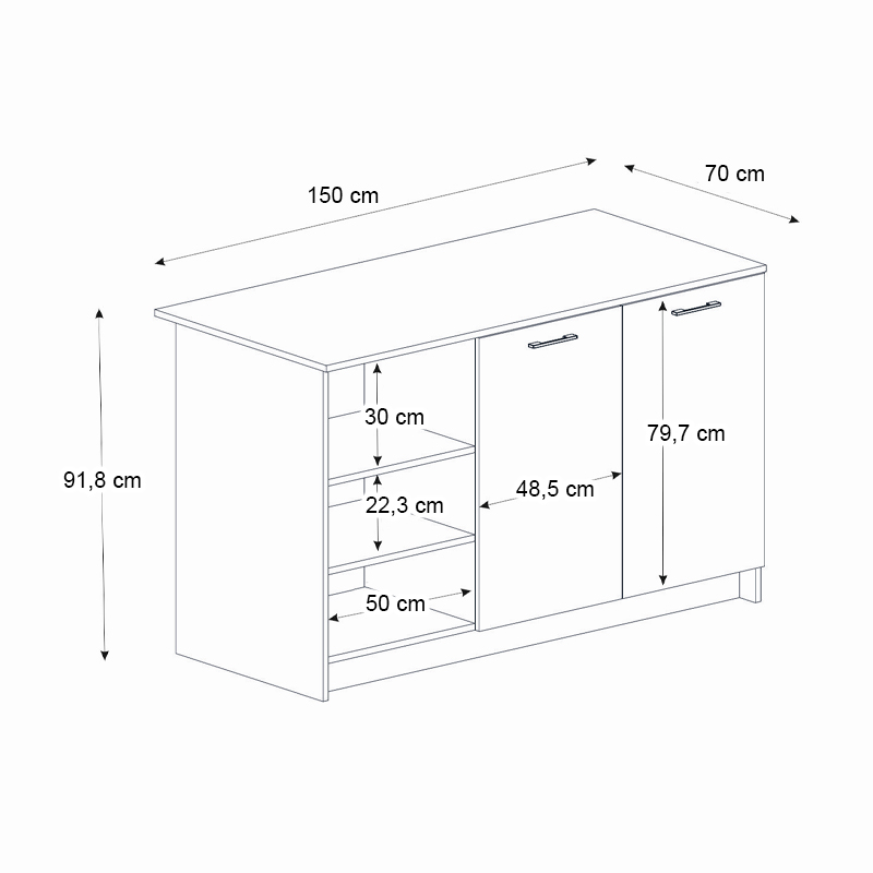 Peres Megapap melamine island kitchen cabinet in white - sepet oak color 150x70x91.8cm.