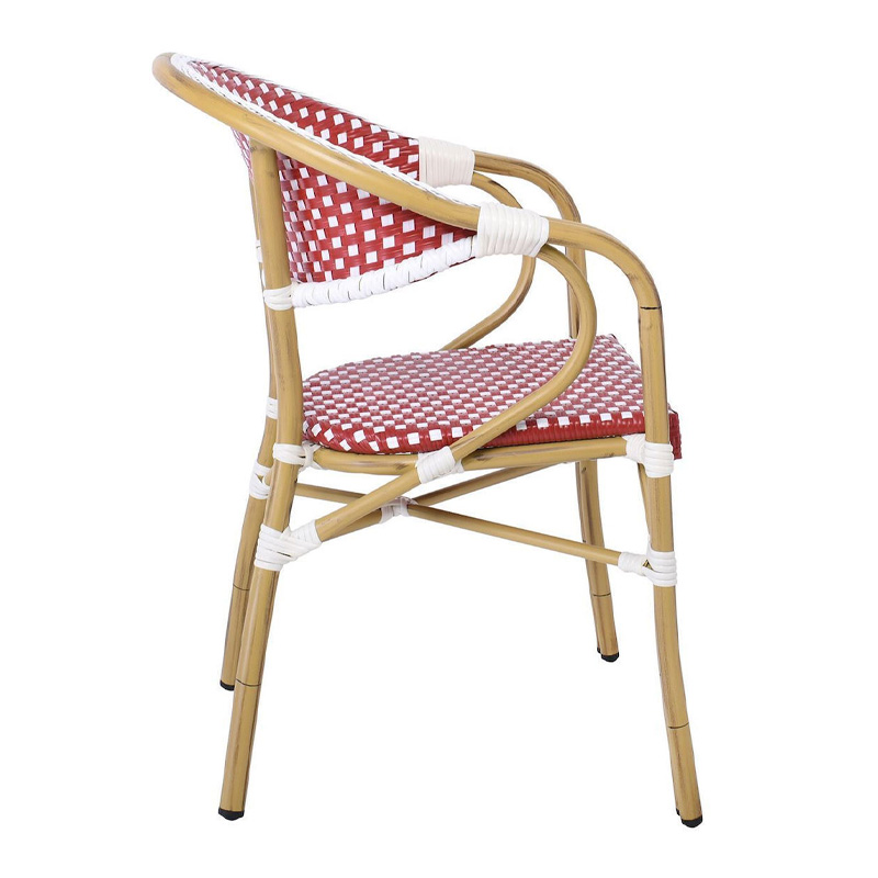 VEGERA Πολυθρόνα Dining Αλουμίνιο Φυσικό, Wicker Άσπρο - Κόκκινο, Στοιβαζόμενη