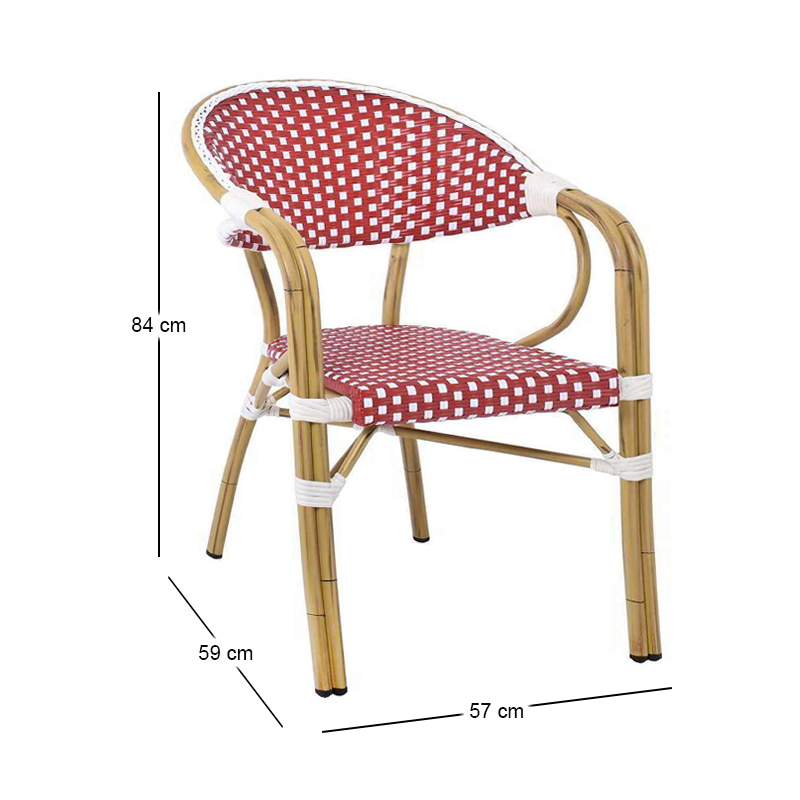VEGERA Πολυθρόνα Dining Αλουμίνιο Φυσικό, Wicker Άσπρο - Κόκκινο, Στοιβαζόμενη